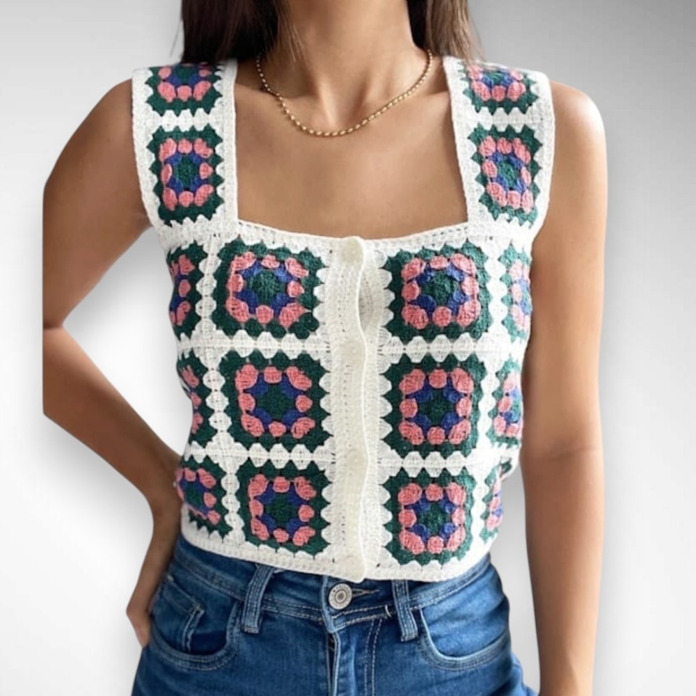 VESTIQUE Crochet White Blue Pink Green Granny Square Sleeveless Crop Top | EUC